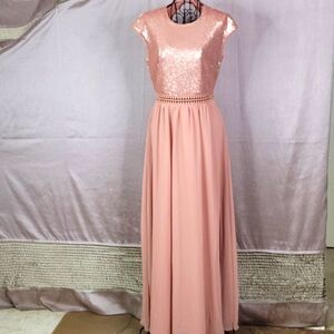 TRUTH AND FABLE Blush Sequined and Crochet Evening Dress Small